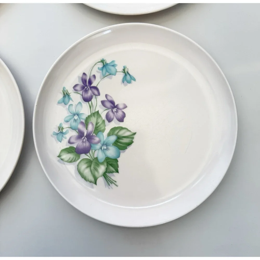 Set of 6 Royalon Melmac Violet Corsage Purple Floral Dinner Plates 9.5